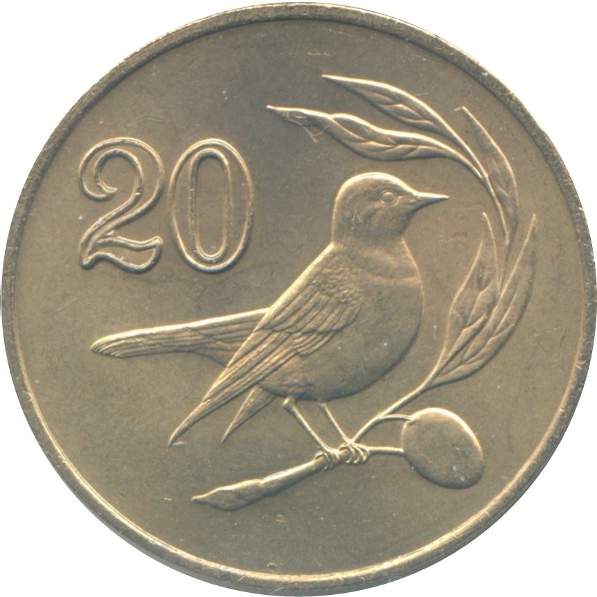 Cyprus | 20 Cents Coin | Pied Wheatear | KM57.2 | 1985 - 1988