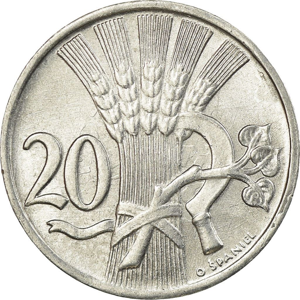 Czechoslovakia | 20 Haleru Coin | Wheat Ear | Sickle | Linden | KM31 | 1951 - 1952