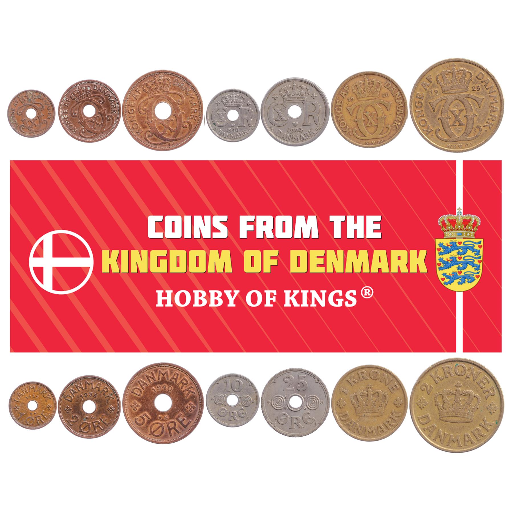 Danish 7 Coin Set 1 2 5 10 25 Øre 1 2 Kroner | Christian X | 1924 - 1941