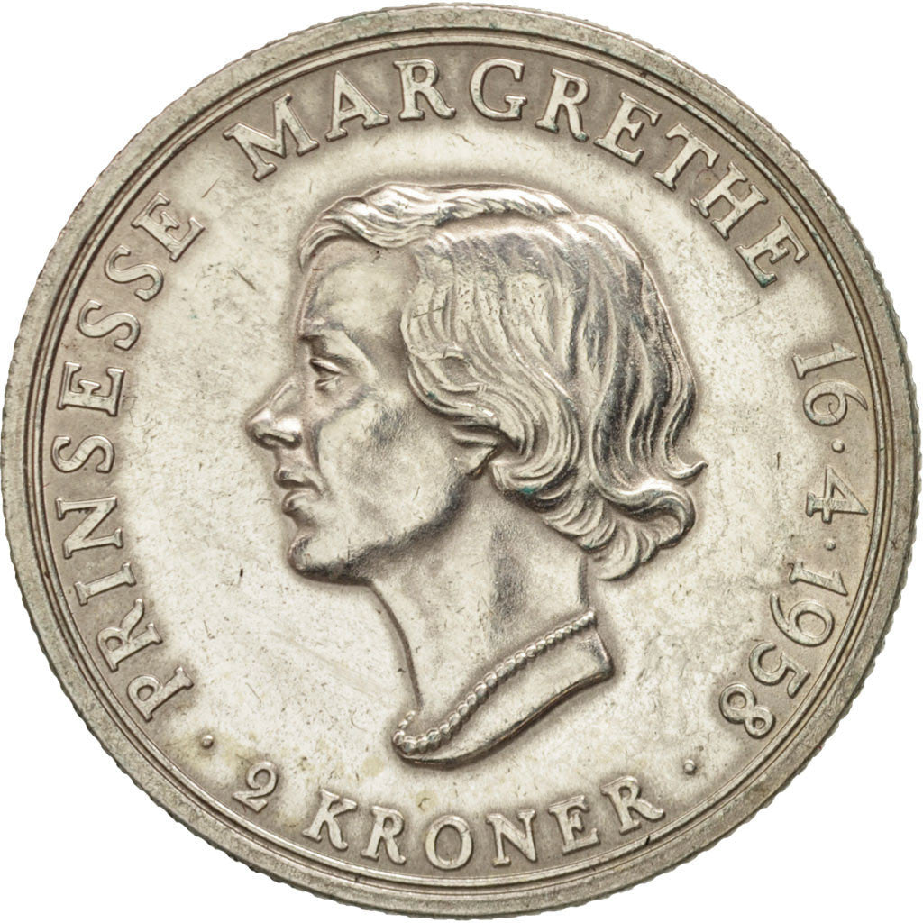 Danish Coin 2 Kroner | Frederik IX | Princess Margarethe | KM845 | Denmark | 1958