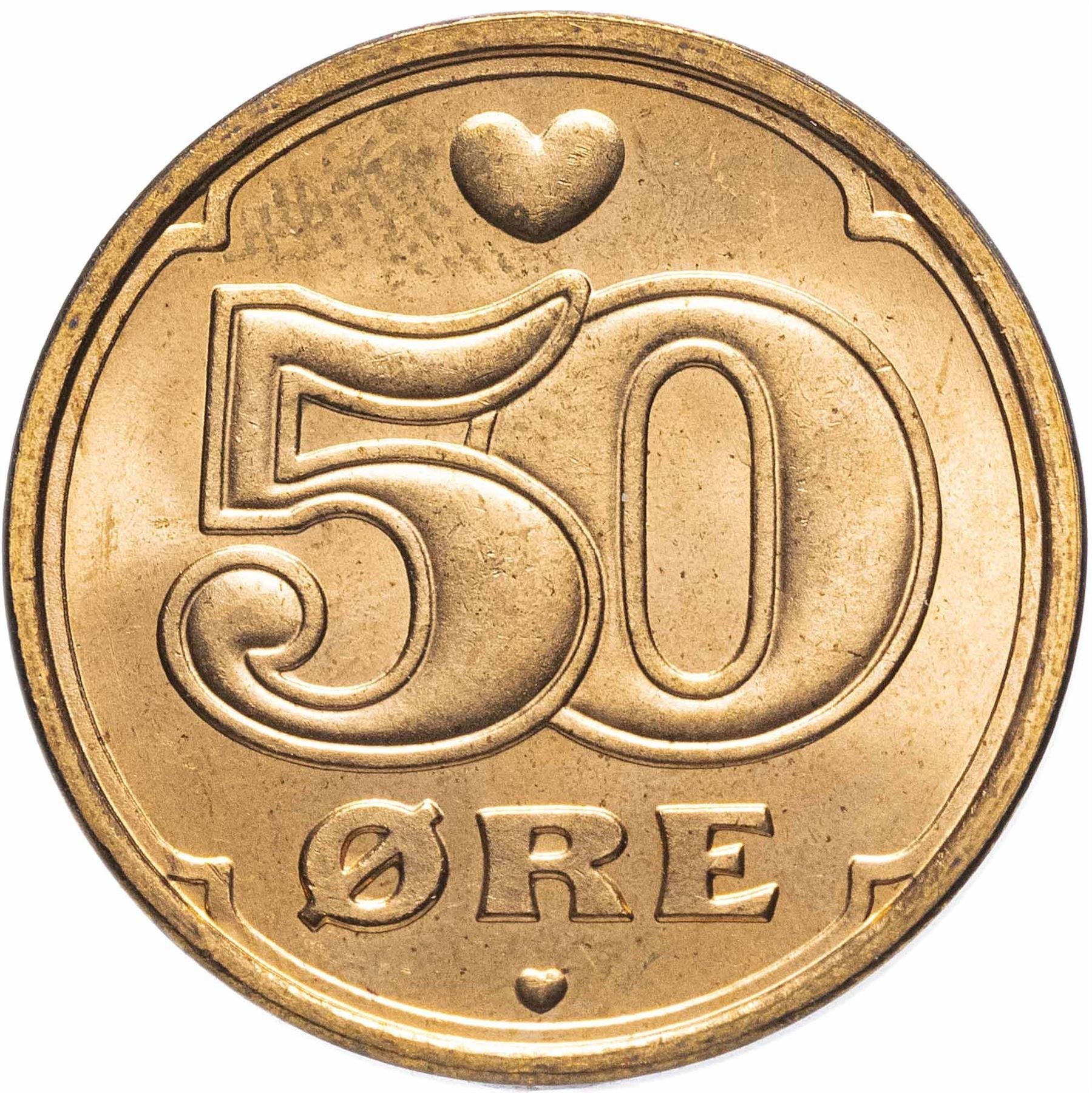 Danish Coin 50 Øre | Queen Margrethe II | Christian V Crown | Yhe Heart | KM866 | Denmark | 1989 - 2021