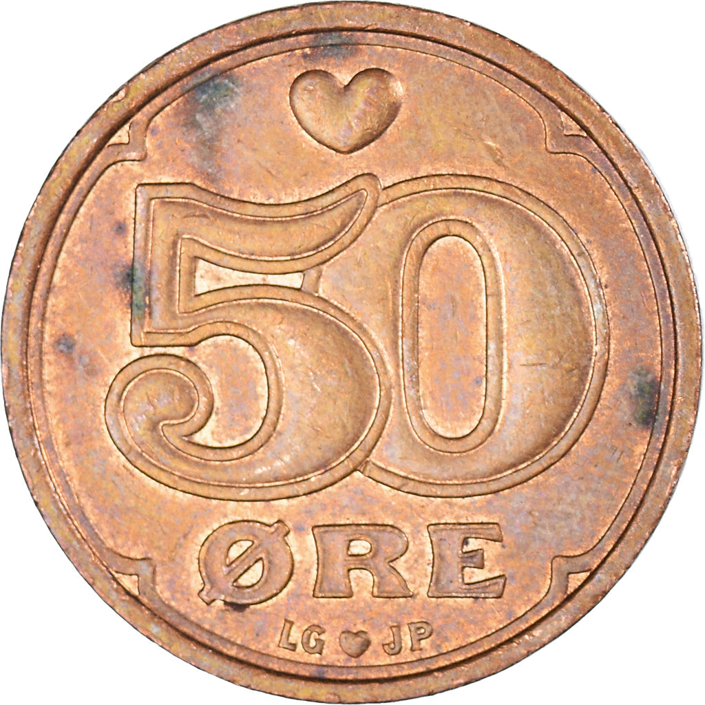 Danish Coin 50 Øre | Queen Margrethe II | Christian V Crown | Yhe Heart | KM866 | Denmark | 1989 - 2021