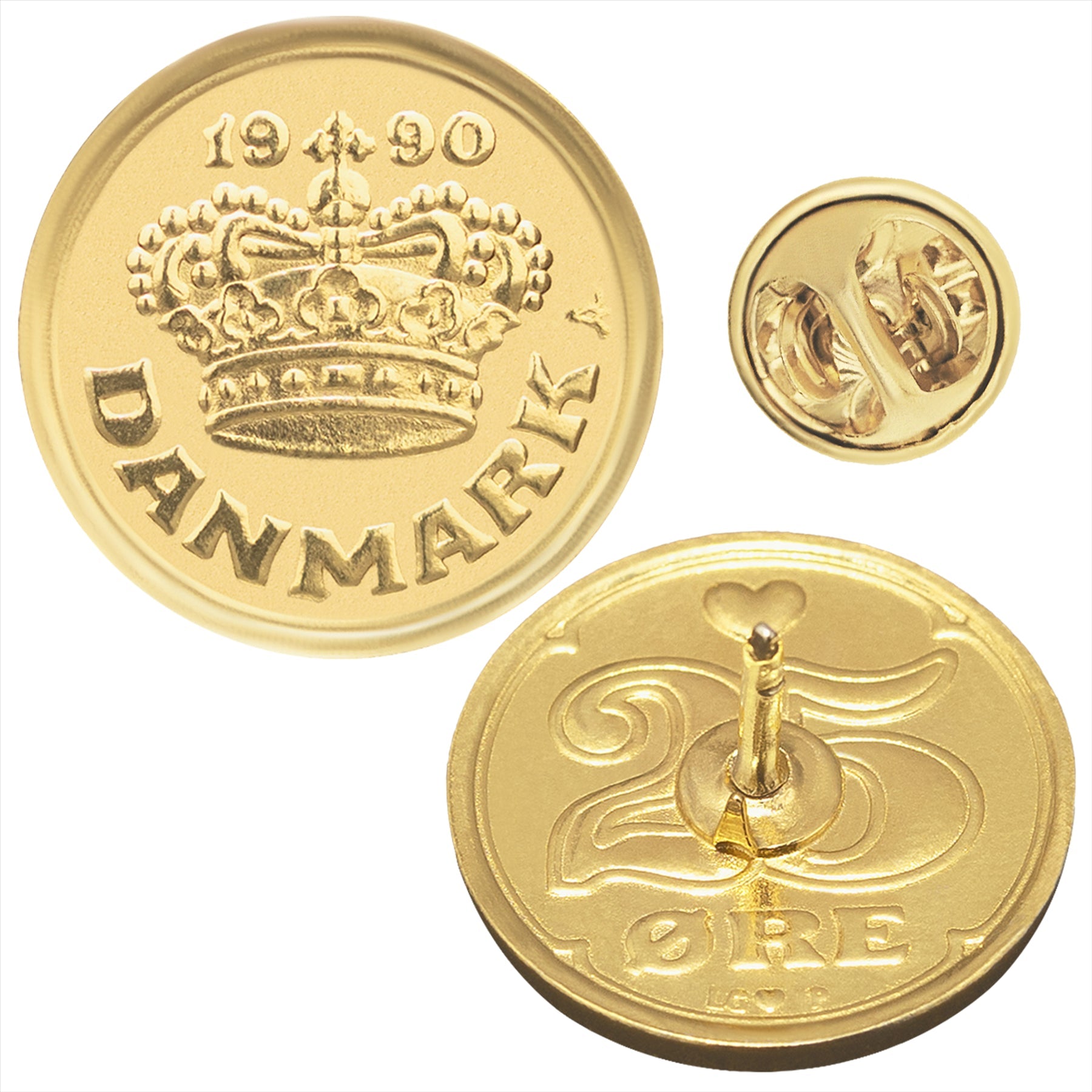 Danish Coin Pin Brooch Badge | Genuine 25 Ore | 18K Gold Plated | Queen's Crown | Love Heart