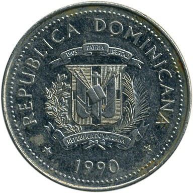 Dominican Republic | 25 Centavos Coin | Oxen | Cart | Km:71.2 | 1990