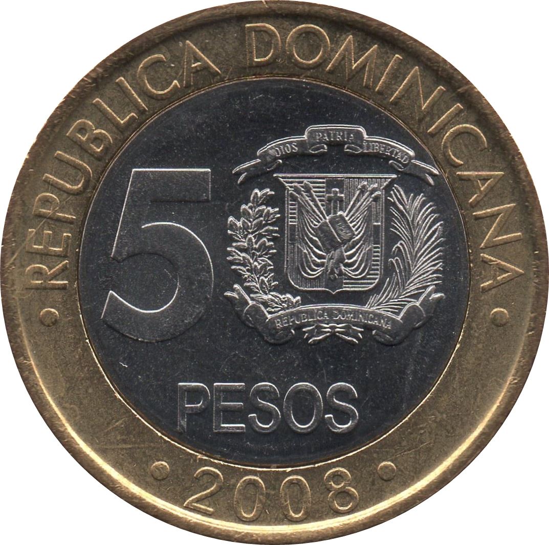 Dominican Republic 5 Pesos Coin | Francisco del Rosario Sanchez | KM89 | 2008