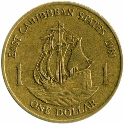 Eastern Caribbean States 1 Dollar Coin | Queen Elizabeth II | Golden Hind Ship | KM15 | 1981 - 1986