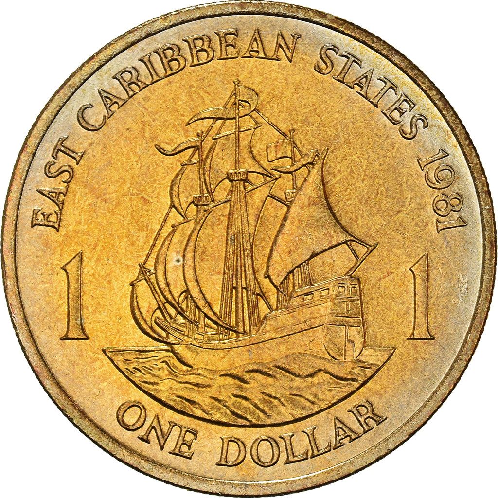 Eastern Caribbean States 1 Dollar Coin | Queen Elizabeth II | Golden Hind Ship | KM15 | 1981 - 1986