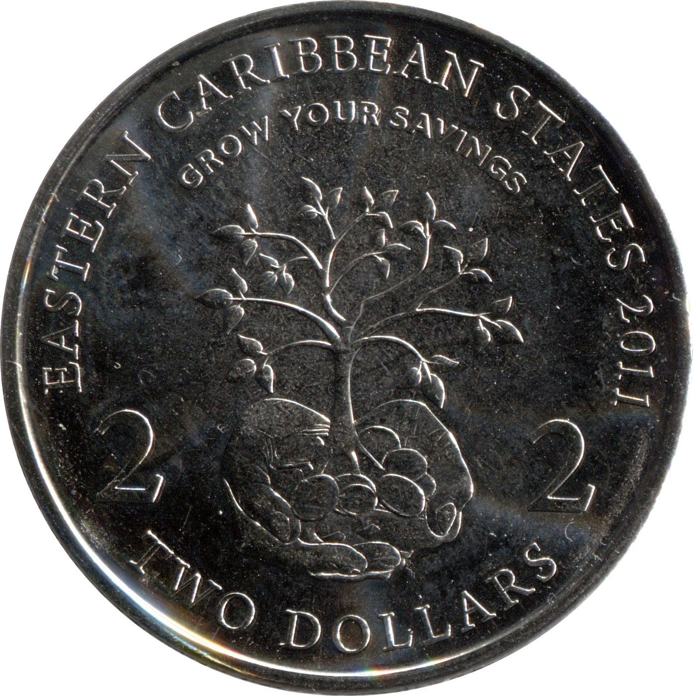 Eastern Caribbean States | 2 Dollars Coin | Queen Elizabeth II | Hands | Tree | KM87 | 2011