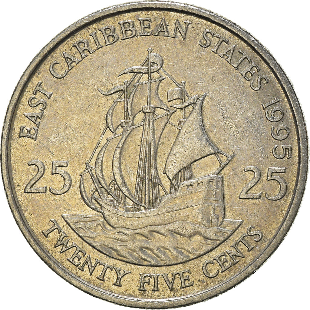 Eastern Caribbean States Coin 25 Cents | Queen Elizabeth II | Golden Hind Ship | KM14 | 1981 - 2000