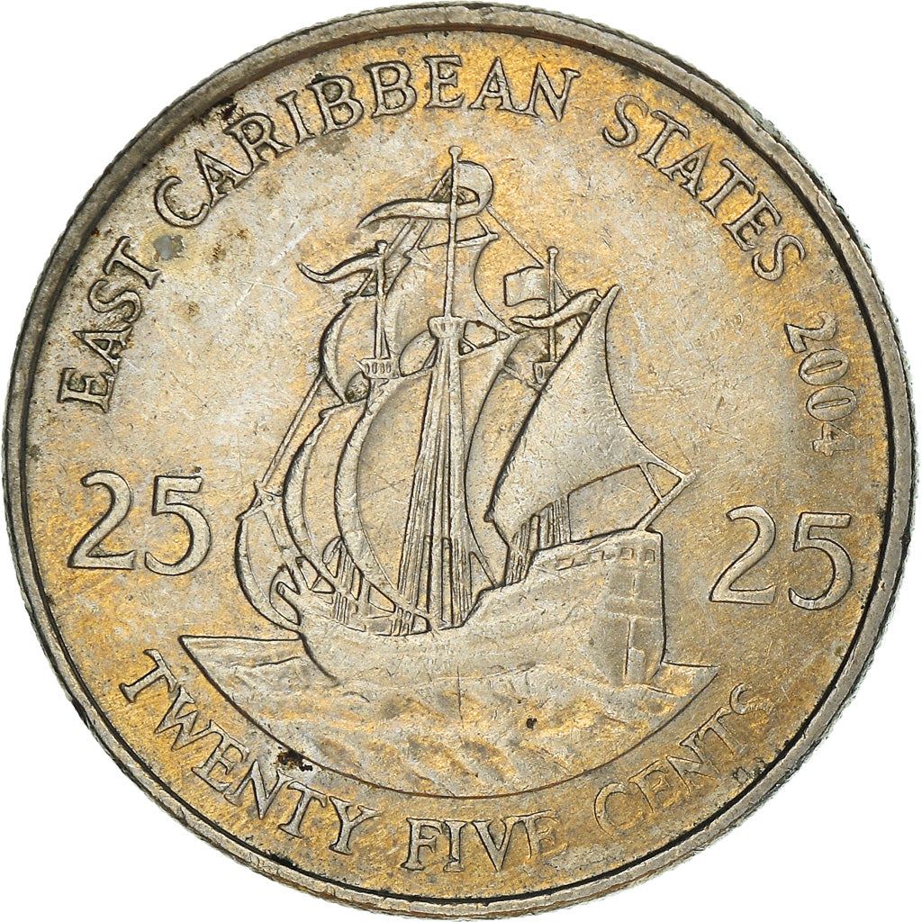 Eastern Caribbean States Coin 25 Cents | Queen Elizabeth II | Golden Hind Ship | KM38 | 2002 - 2007