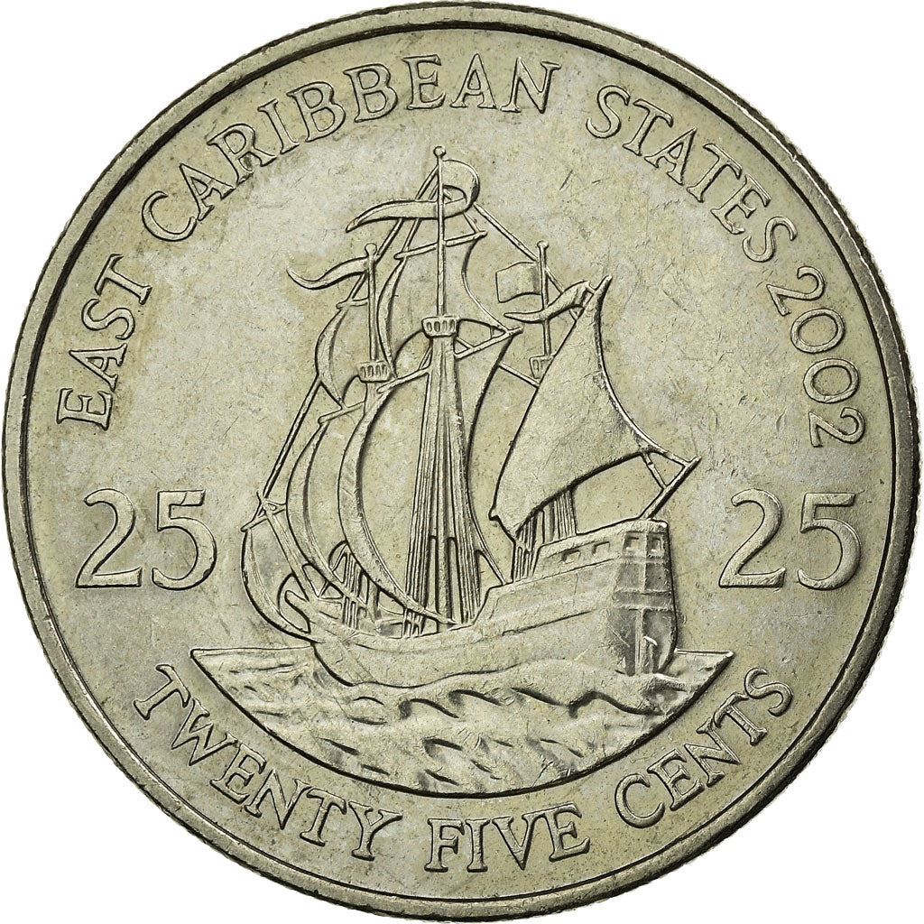 Eastern Caribbean States Coin 25 Cents | Queen Elizabeth II | Golden Hind Ship | KM38 | 2002 - 2007