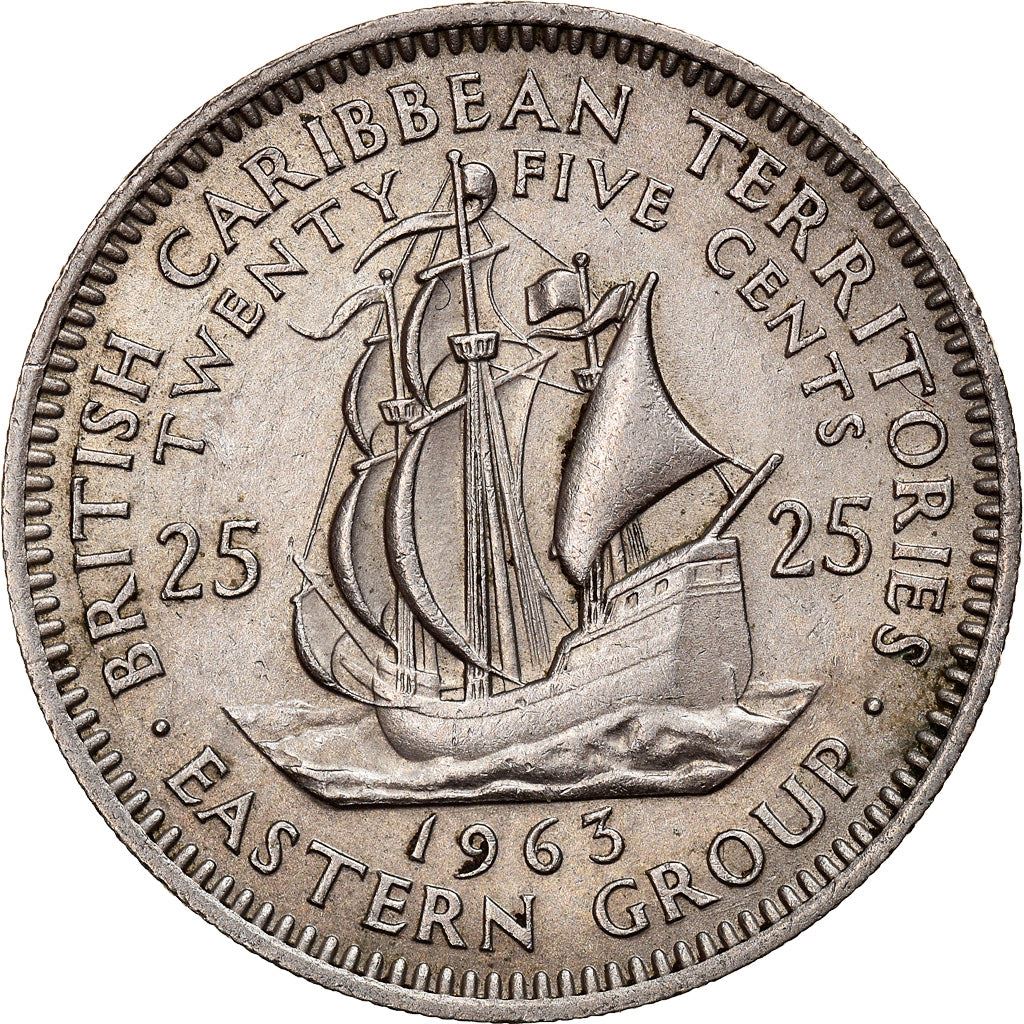 Eastern Caribbean States Coin 25 Cents | Queen Elizabeth II | Golden Hind Ship | KM6 | 1955 - 1965