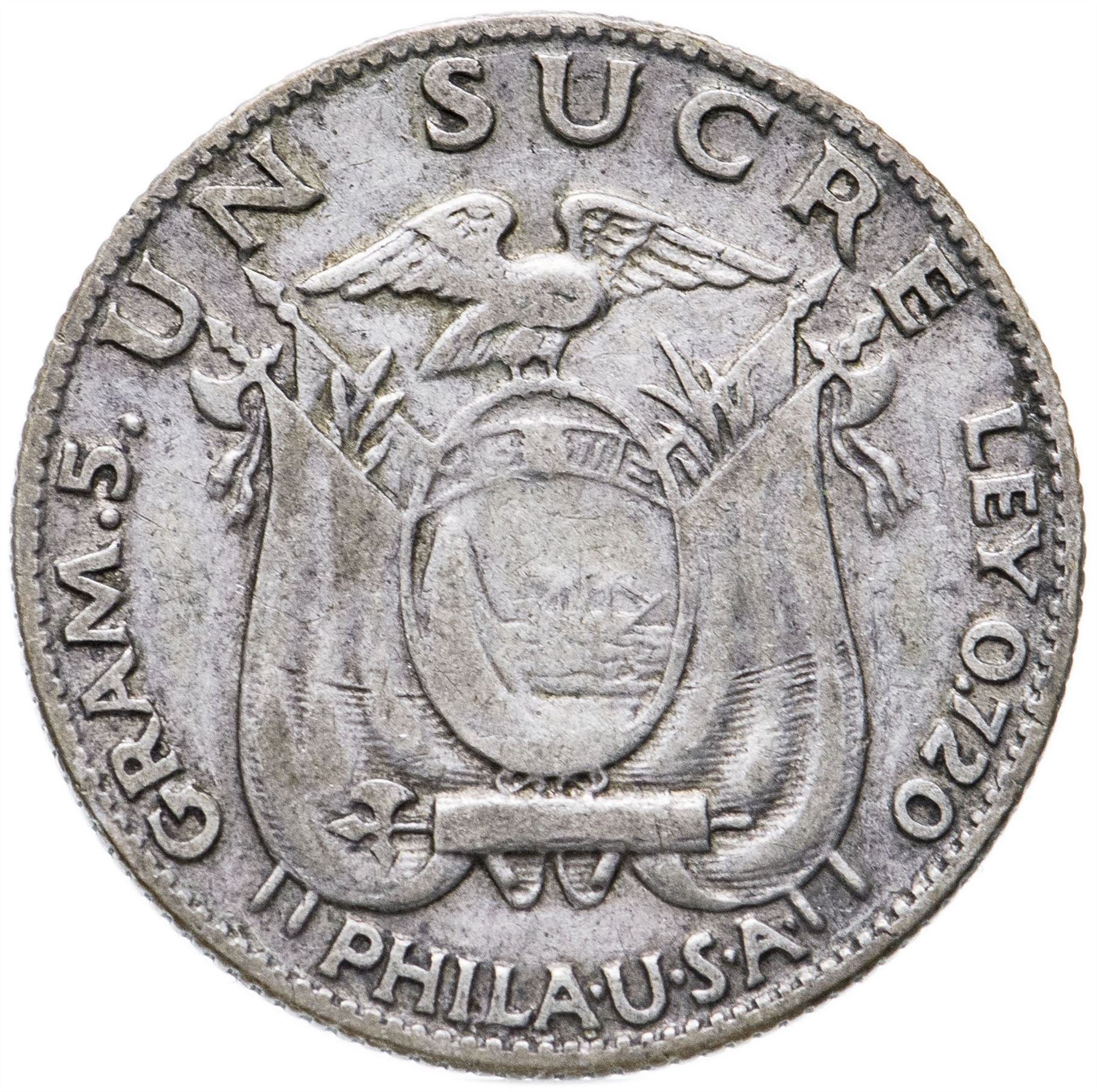 Ecuador 1 Sucre Coin | Antonio Jose de Sucre | KM72 | 1928 - 1934