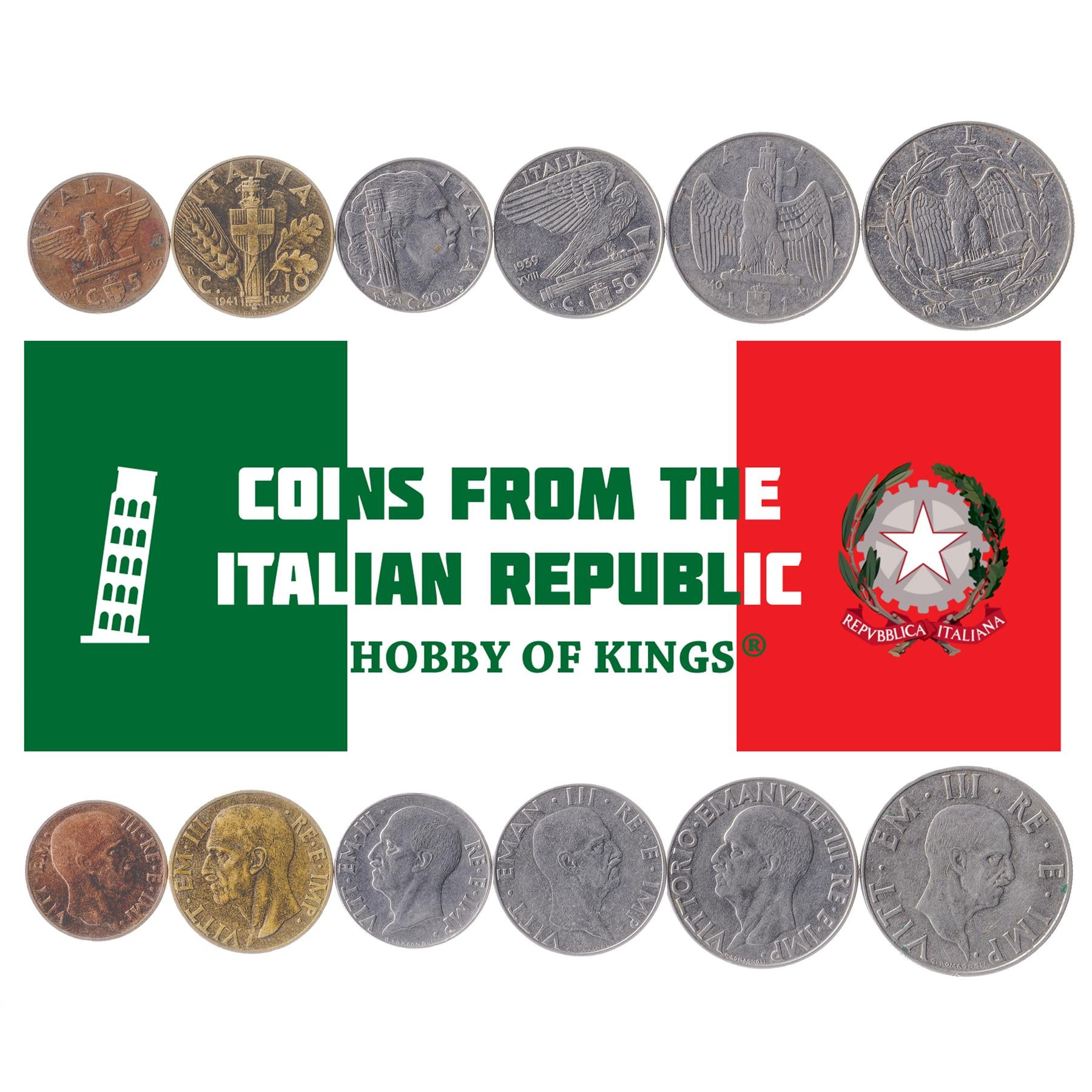 Fascist Italy 6 Coin Set 5 10 20 50 Centesimi 1 2 Lire | Eagle | Italia turrita | Axe | Shield | Fasces | 1936 - 1943