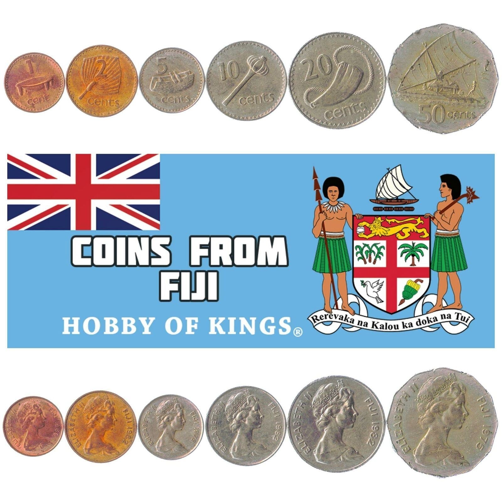 Fijian 6 Coin Set 1 2 5 10 20 50 Cents | Rice plant | Queen Elizabeth II | Polynesian boat | Fijian drum | Throwing club | Sperm whale tooth | 1969 - 1985