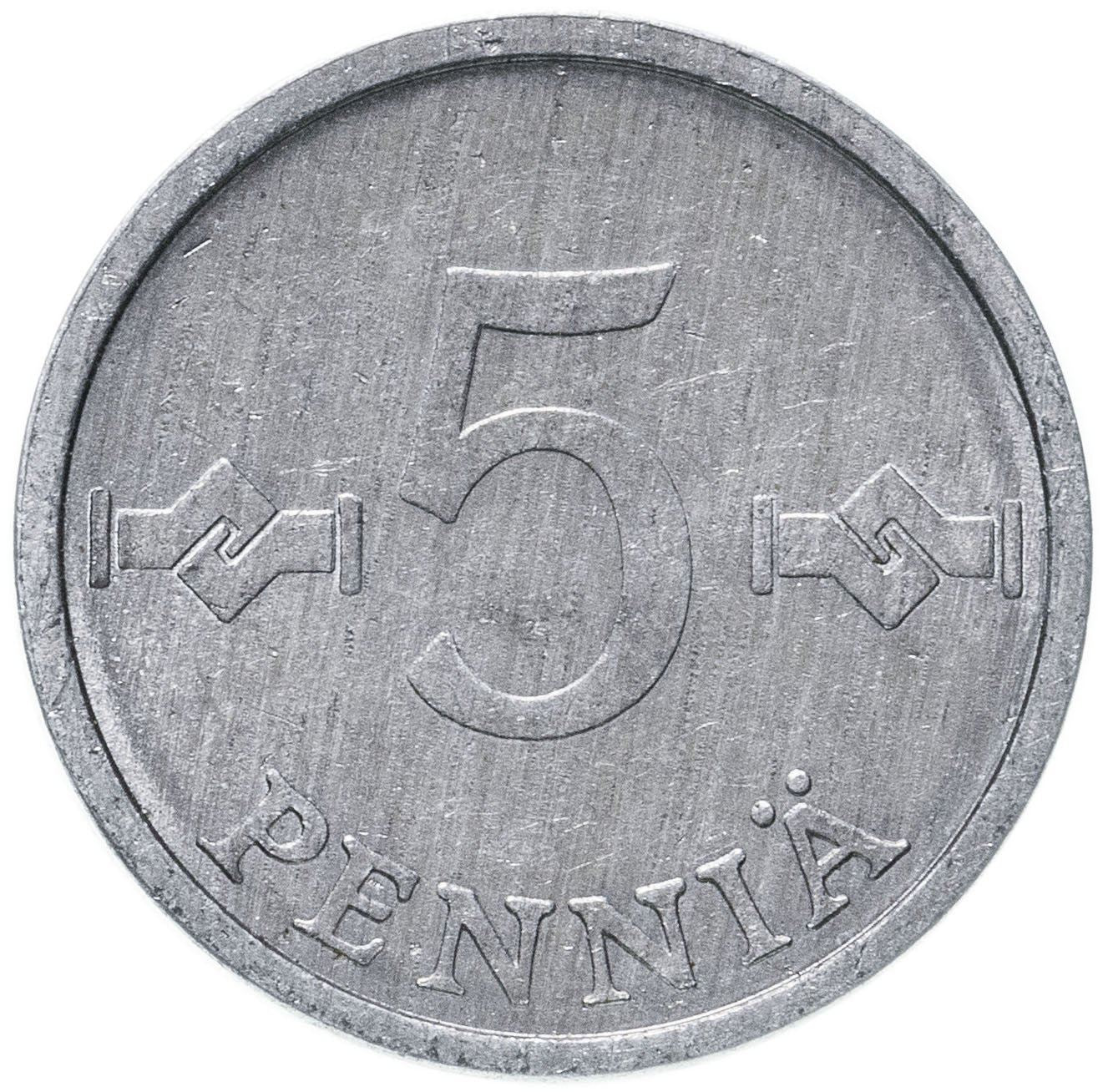 Finland Coin Finnish 5 Pennia | Saint Hannes Cross | KM45a | 1977 - 1990