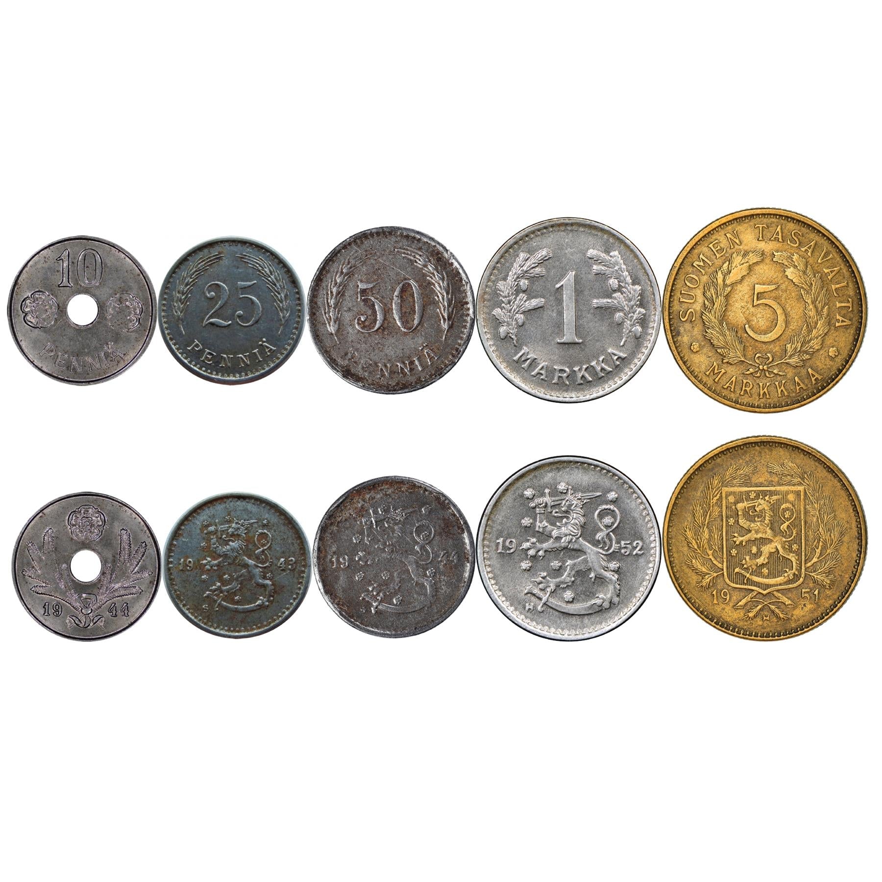 Finnish 5 Coin Set 10 25 50 Penniä 1 5 Markkaa | Rose | Finland | 1943 - 1952