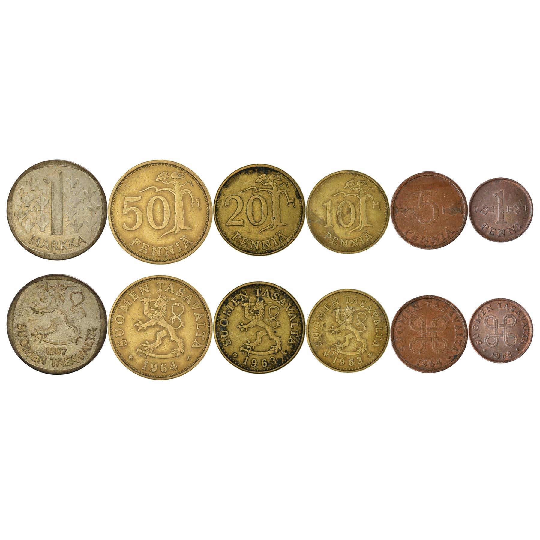 Finnish 6 Coin Set 1 5 10 20 50 Penniä 1 Markka | Tree | Saint Hannes Cross | Finland | 1963 - 1969