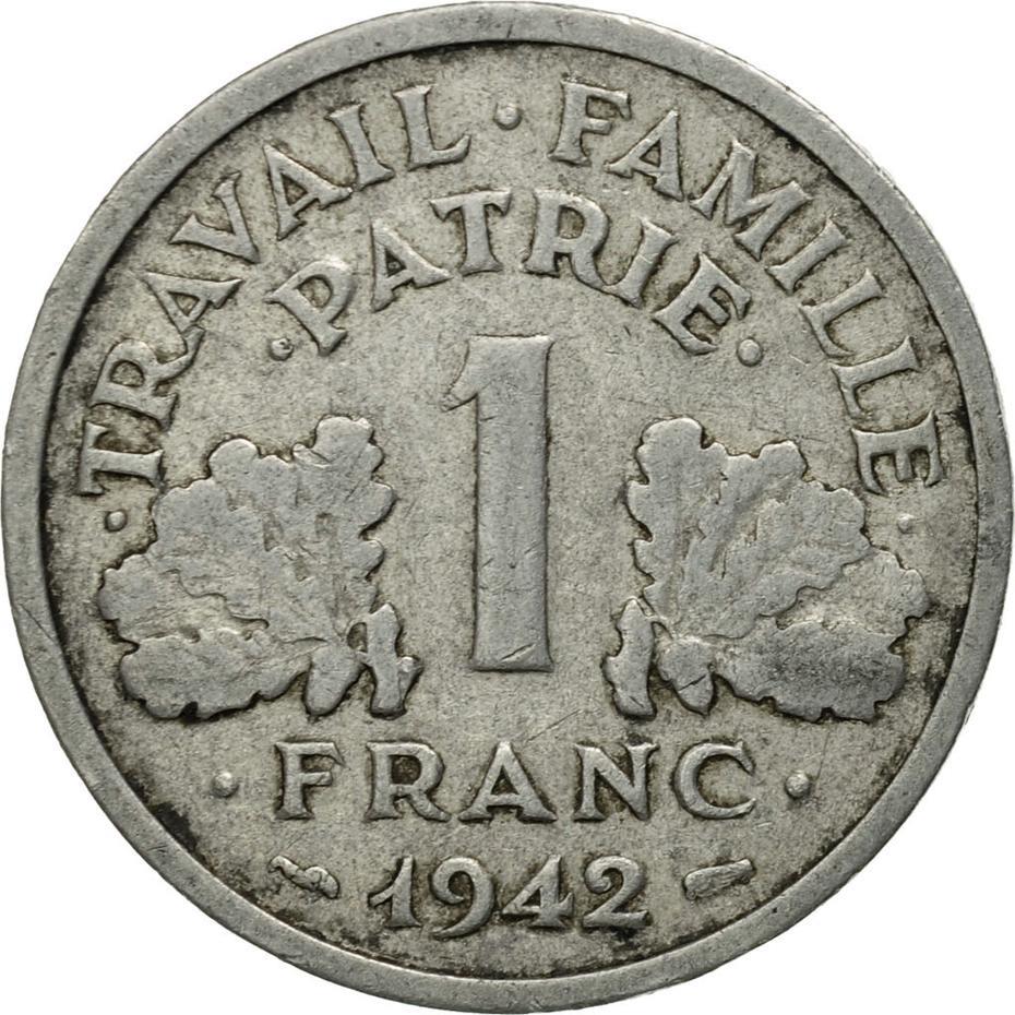 French 1 Franc Coin | Vichy French State | light type | KM902 | France | 1942 - 1944