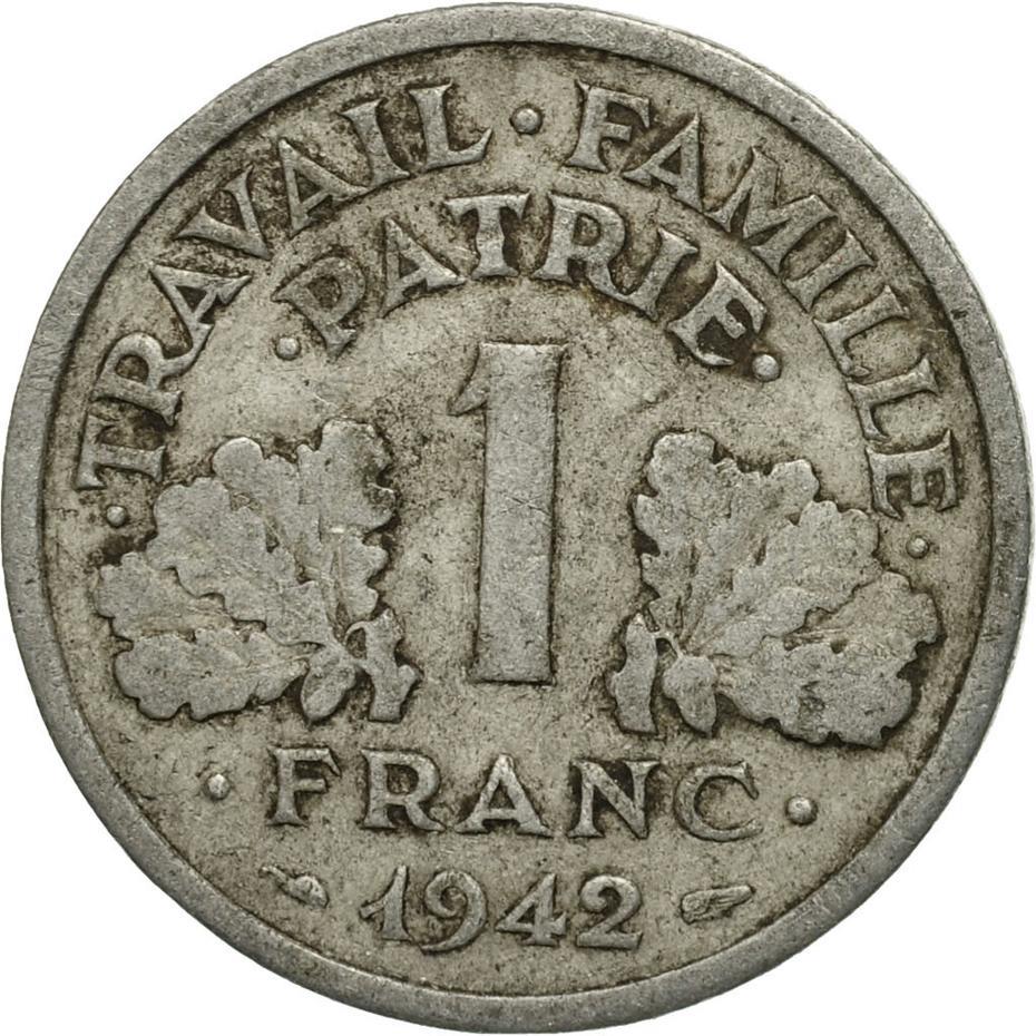 French 1 Franc Coin | Vichy French State | light type | KM902 | France | 1942 - 1944