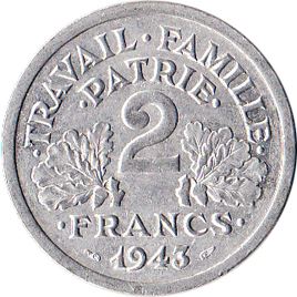 French 2 Francs Coin | KM904 | France | 1943 - 1944