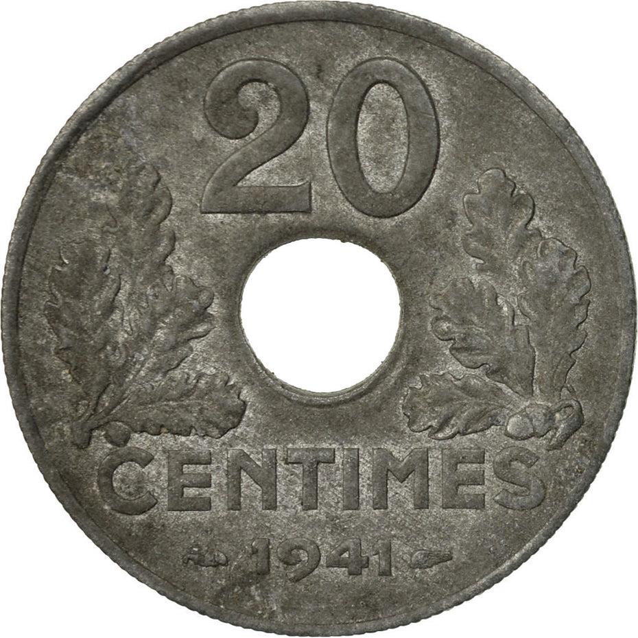 French | 20 Centimes Coin | Vichy French State | Zinc | heavy type | KM900 | France | 1941 - 1943