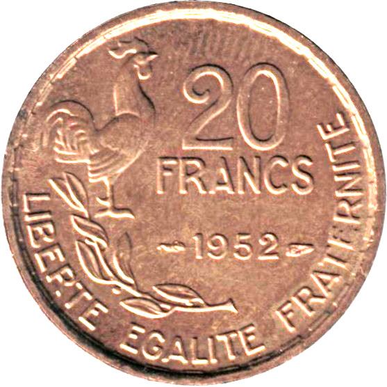 French | 20 Francs Coin | signature G GUIRAUD | KM917 | France | 1950 - 1954