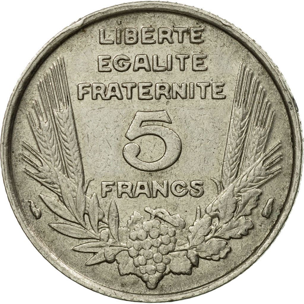 French 5 Francs Coin | Third Republic Bazor | KM887 | France | 1933