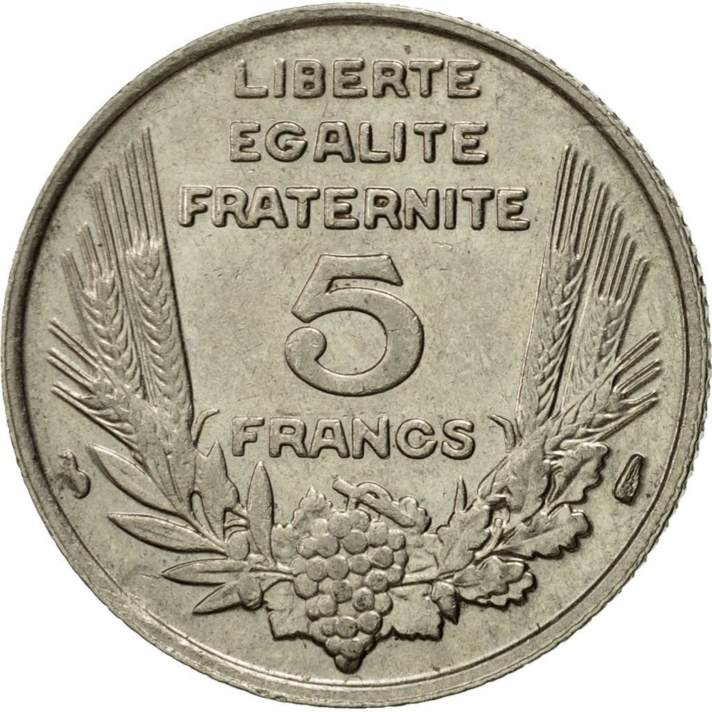 French 5 Francs Coin | Third Republic Bazor | KM887 | France | 1933