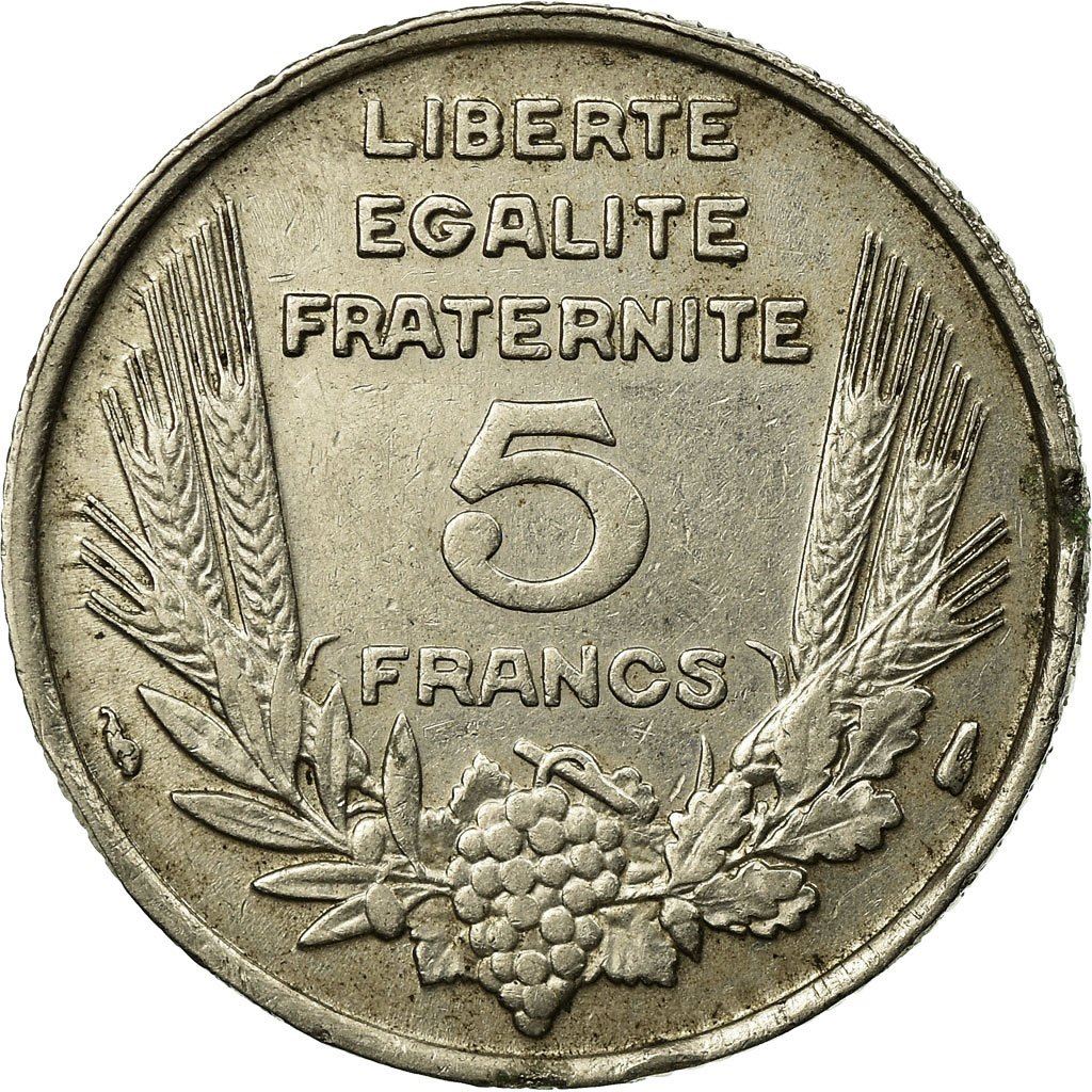 French 5 Francs Coin | Third Republic Bazor | KM887 | France | 1933