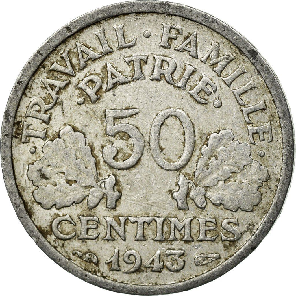 French 50 Centimes Coin | KM914.1 | France | 1942 - 1943