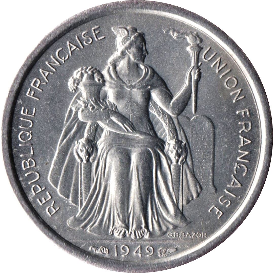 French Oceania Coin 1 Franc | Marianne | Winged Phrygian Cap | Palm Tree | Boat | KM2 | 1949