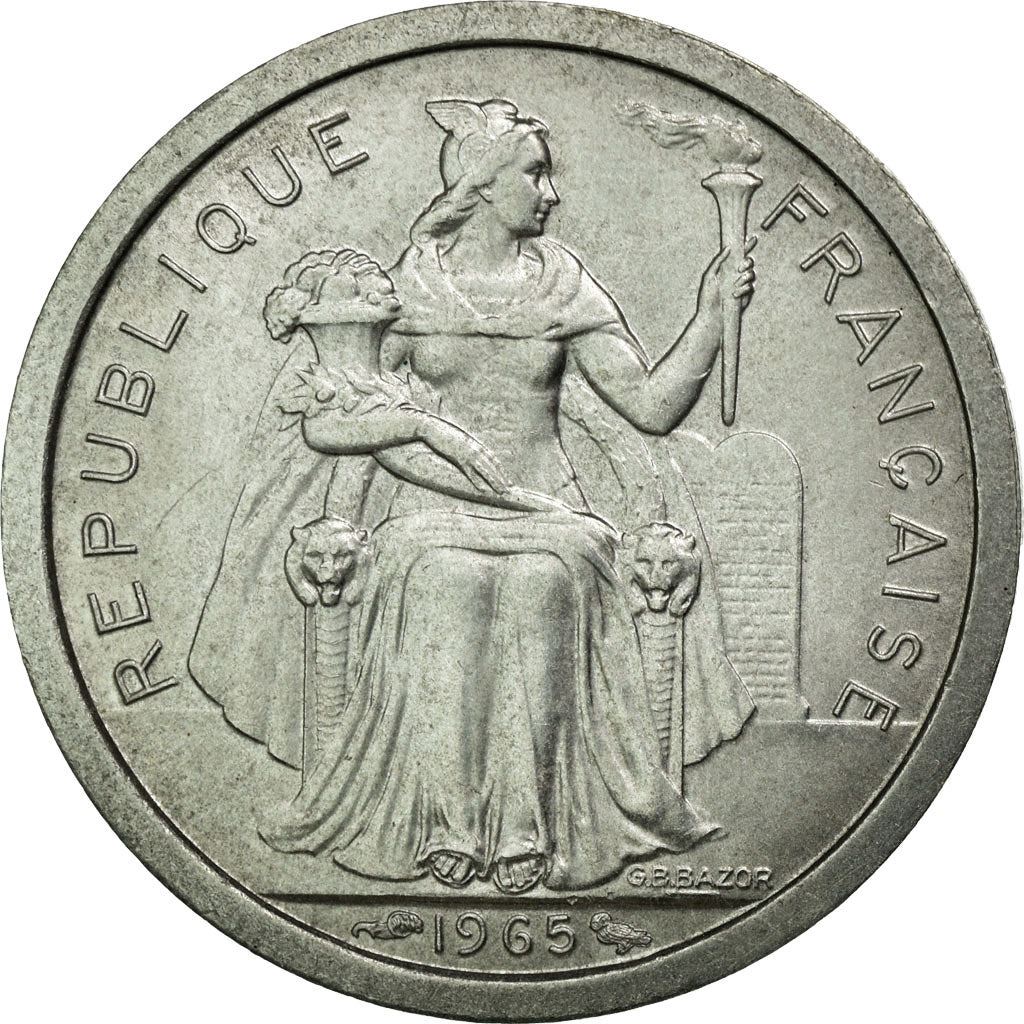 French Polynesia Coin French Polynesian 1 Franc | Liberty Sitting | Throne | Palm Tree | Sailboat | KM2 | 1965