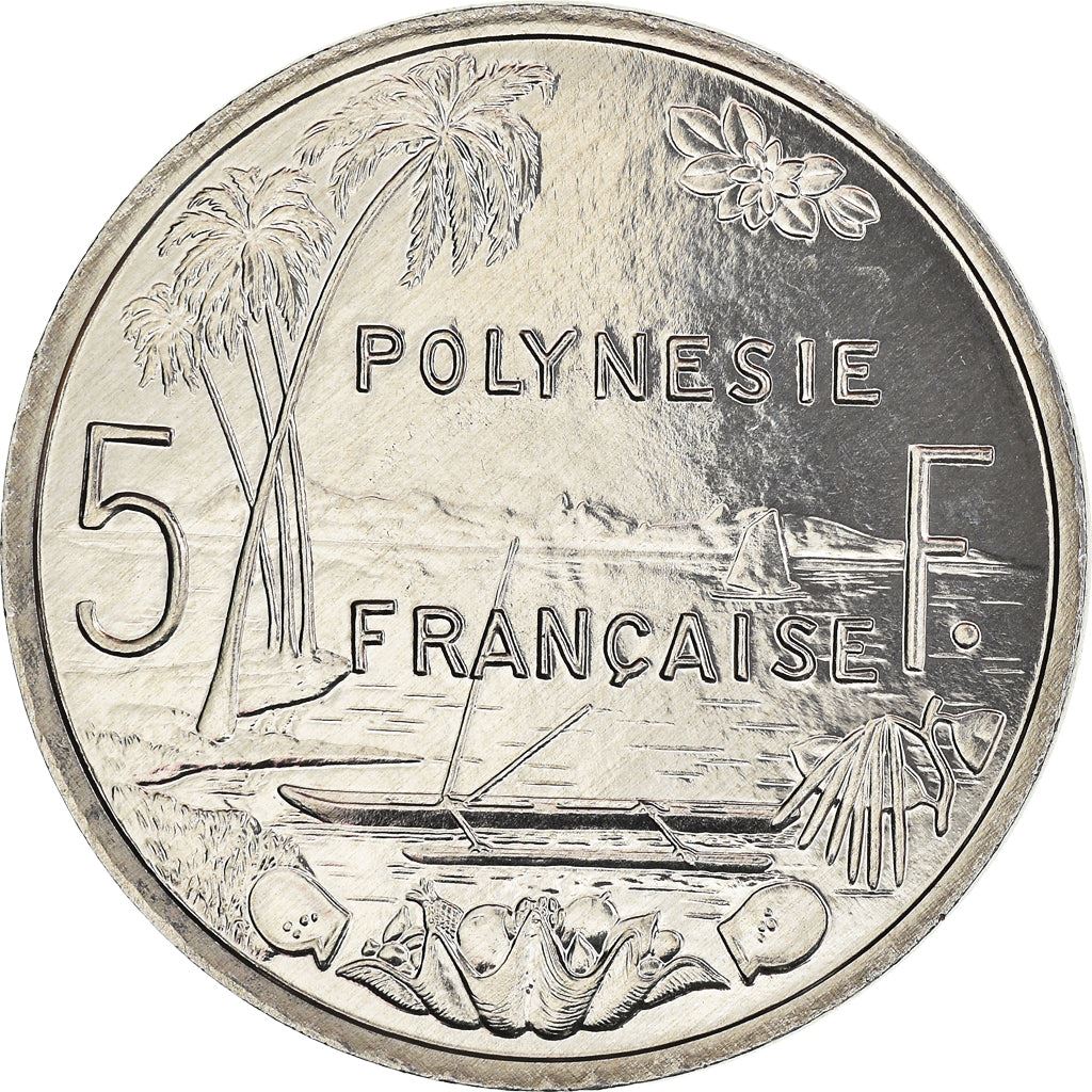 French Polynesia Coin French Polynesian 5 Francs | Liberty Sitting | Throne | Palm Tree | Sailboat | KM12 | 1975 - 2020