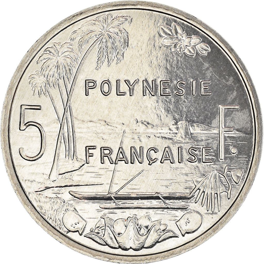 French Polynesia Coin French Polynesian 5 Francs | Liberty Sitting | Throne | Palm Tree | Sailboat | KM12 | 1975 - 2020