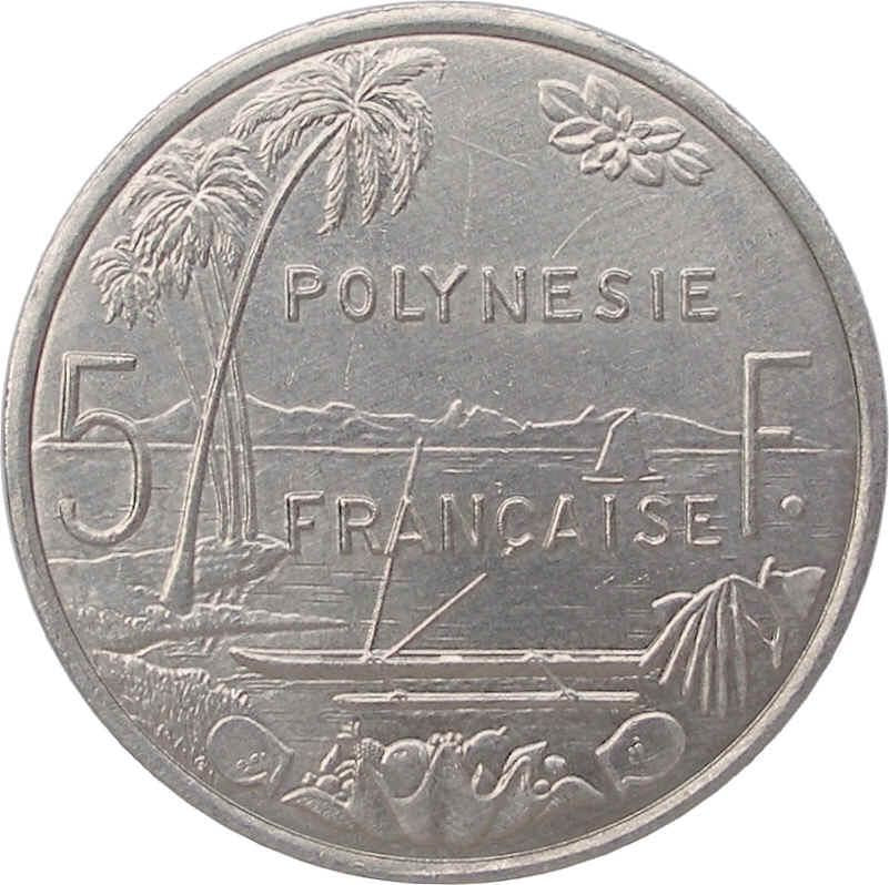 French Polynesia Coin French Polynesian 5 Francs | Liberty Sitting | Throne | Palm Tree | Sailboat | KM12 | 1975 - 2020