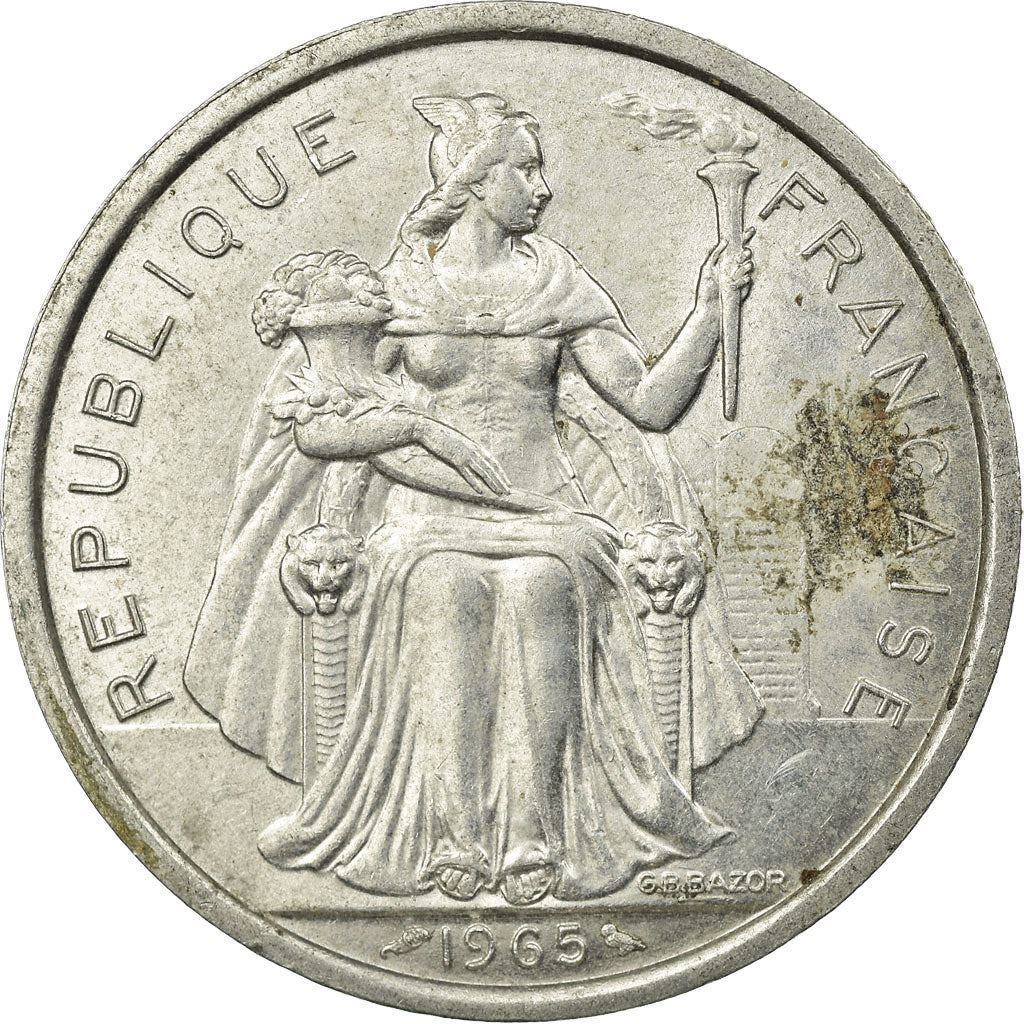 French Polynesia Coin French Polynesian 5 Francs | Liberty Sitting | Throne | Palm Tree | Sailboat | KM4 | 1965