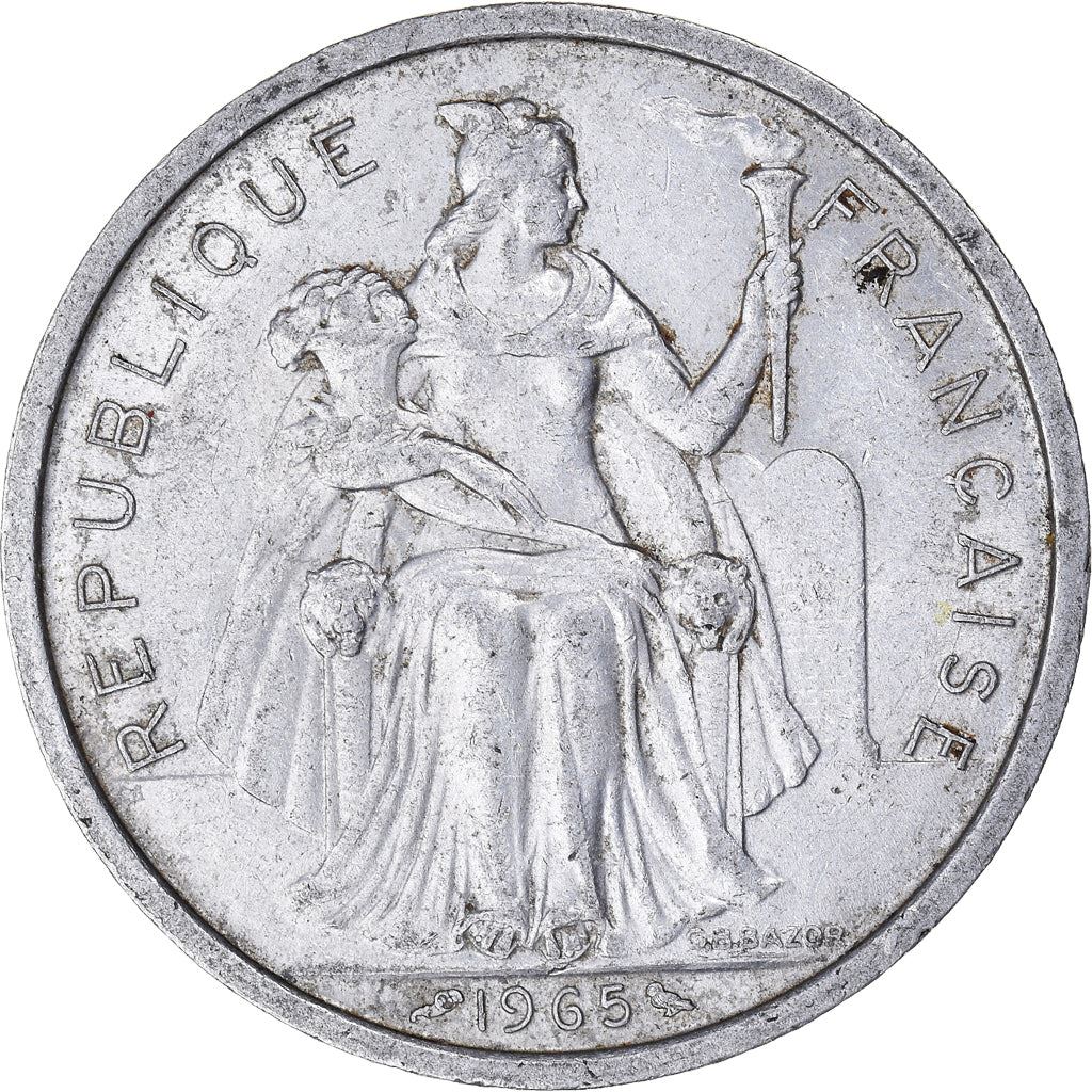 French Polynesia Coin French Polynesian 5 Francs | Liberty Sitting | Throne | Palm Tree | Sailboat | KM4 | 1965