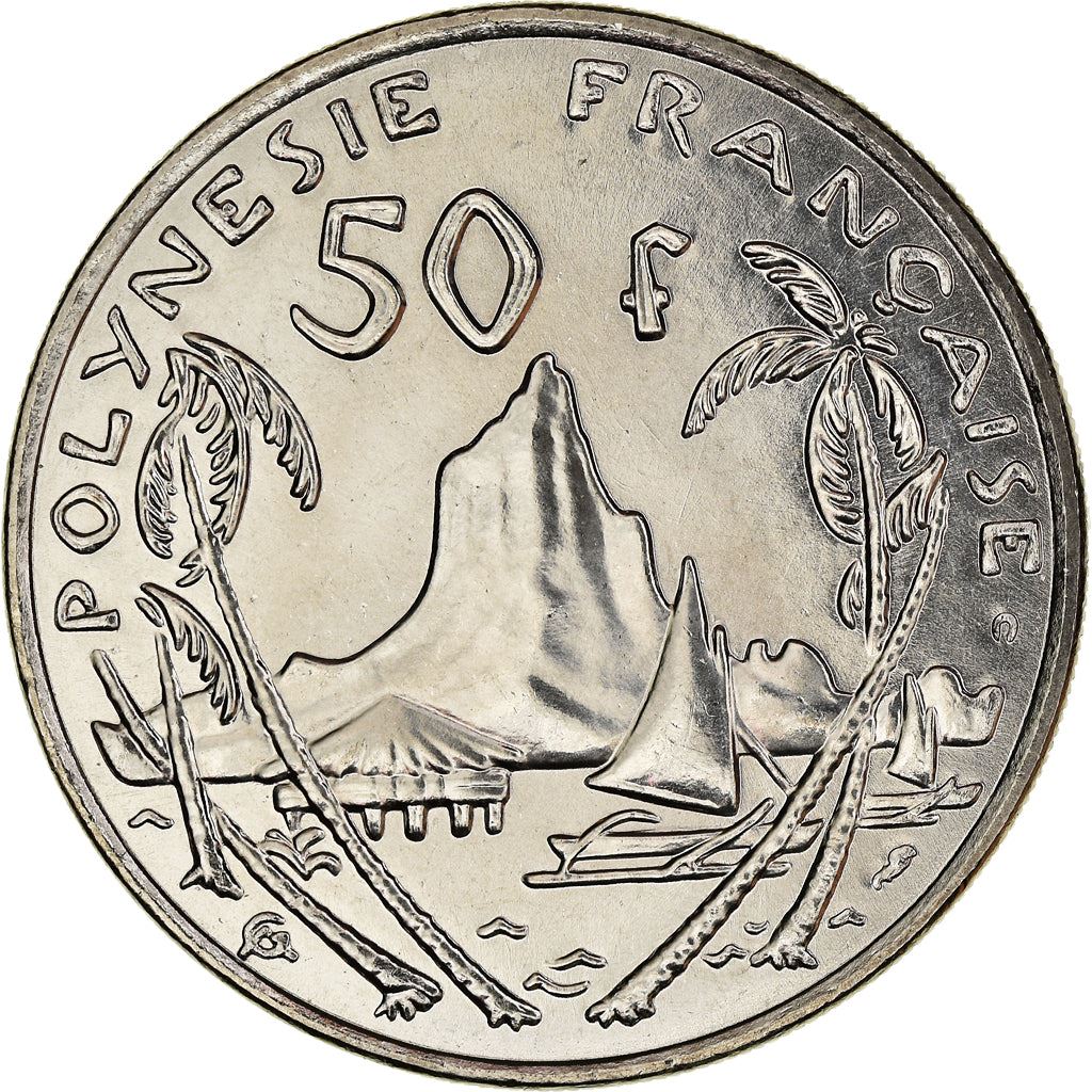 French Polynesia Coin French Polynesian 50 Francs | Marianne | Phrygian Cap | Moorea Harbor | KM13 | 1975 - 2005