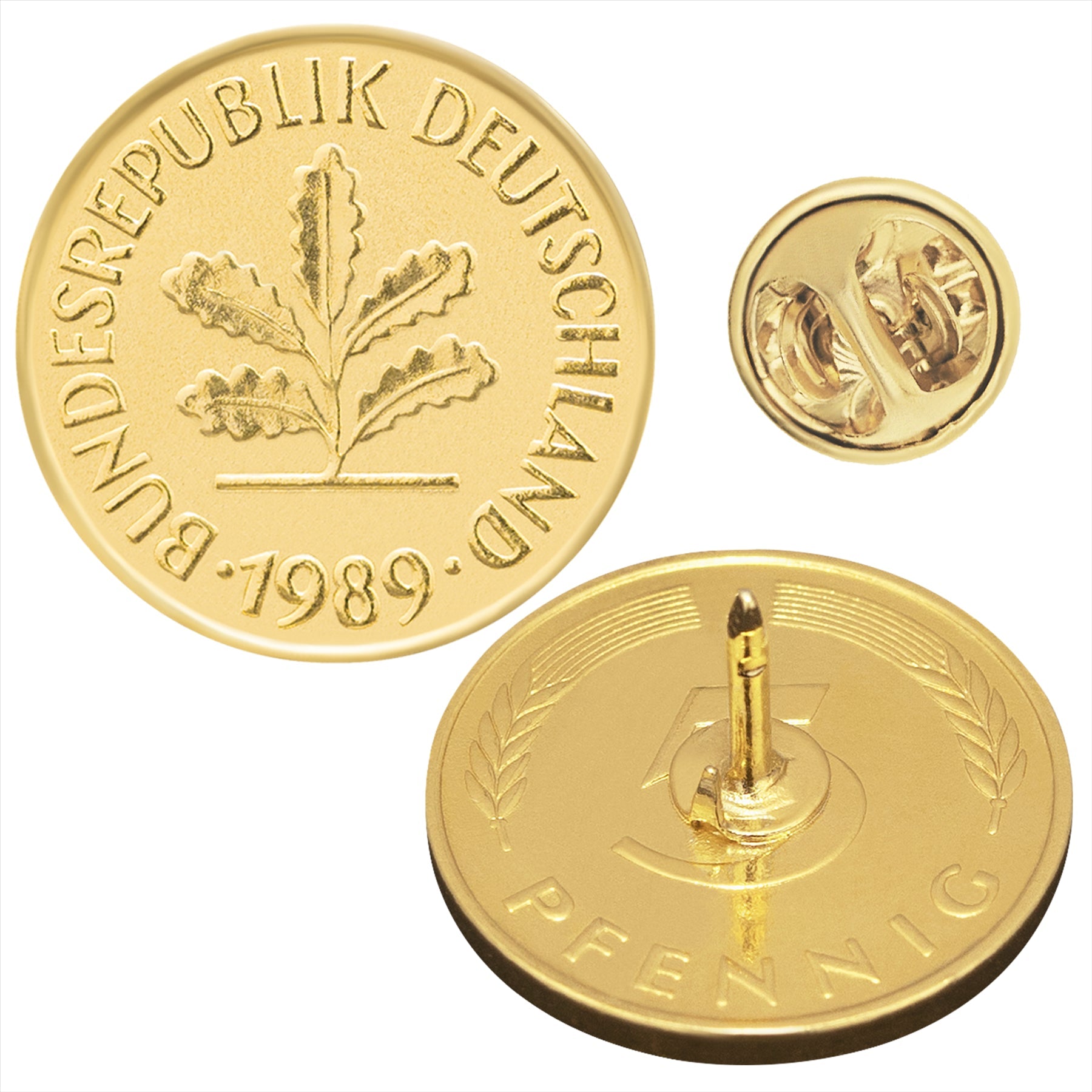 German Coin Pin Brooch Badge | Genuine 5 Pfennig | 18K Gold Plated | Oak Seedling | German Roots