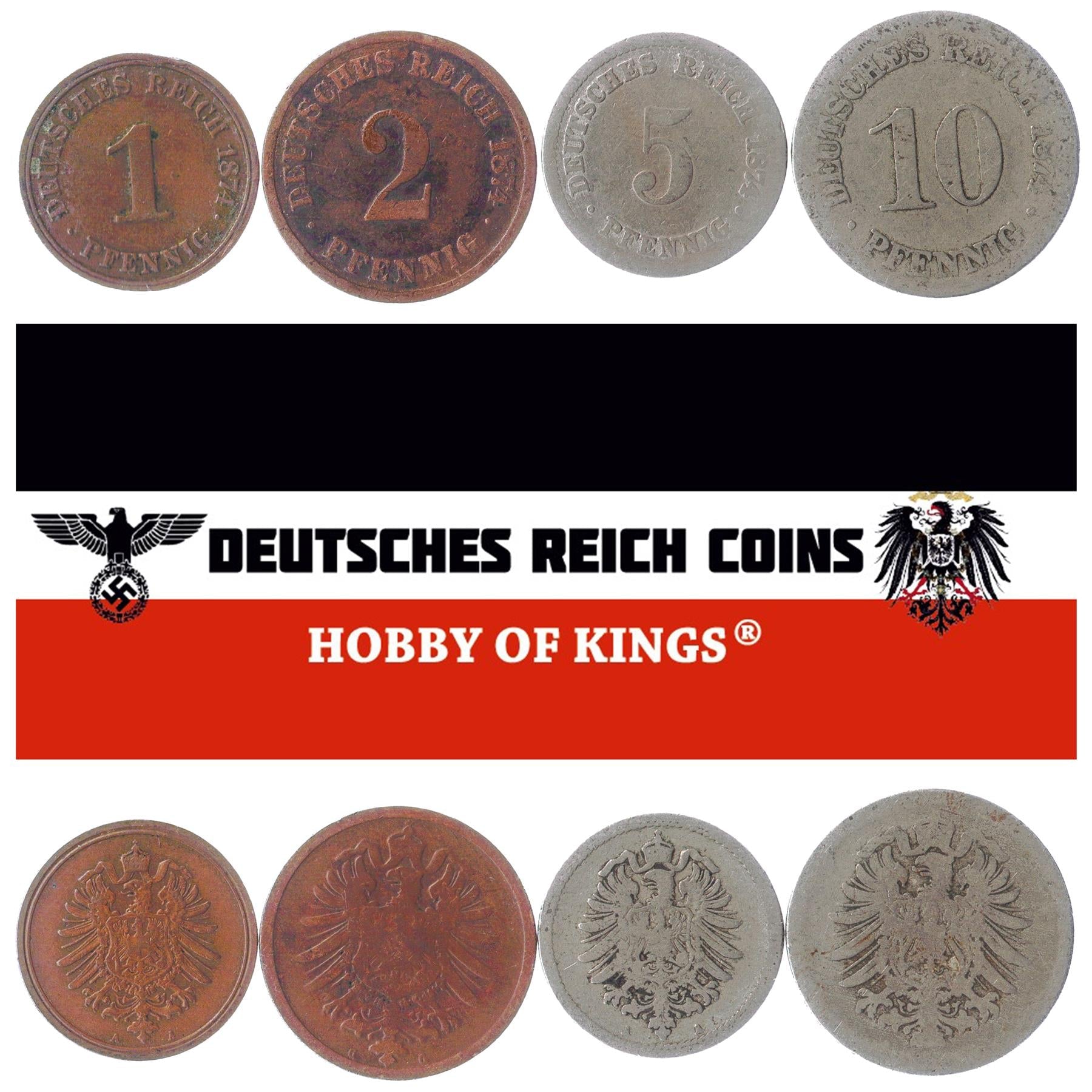 German Empire 4 Coin Set 1 2 5 10 Pfennig | Imperial Eagle | German Reich | 1873 - 1889