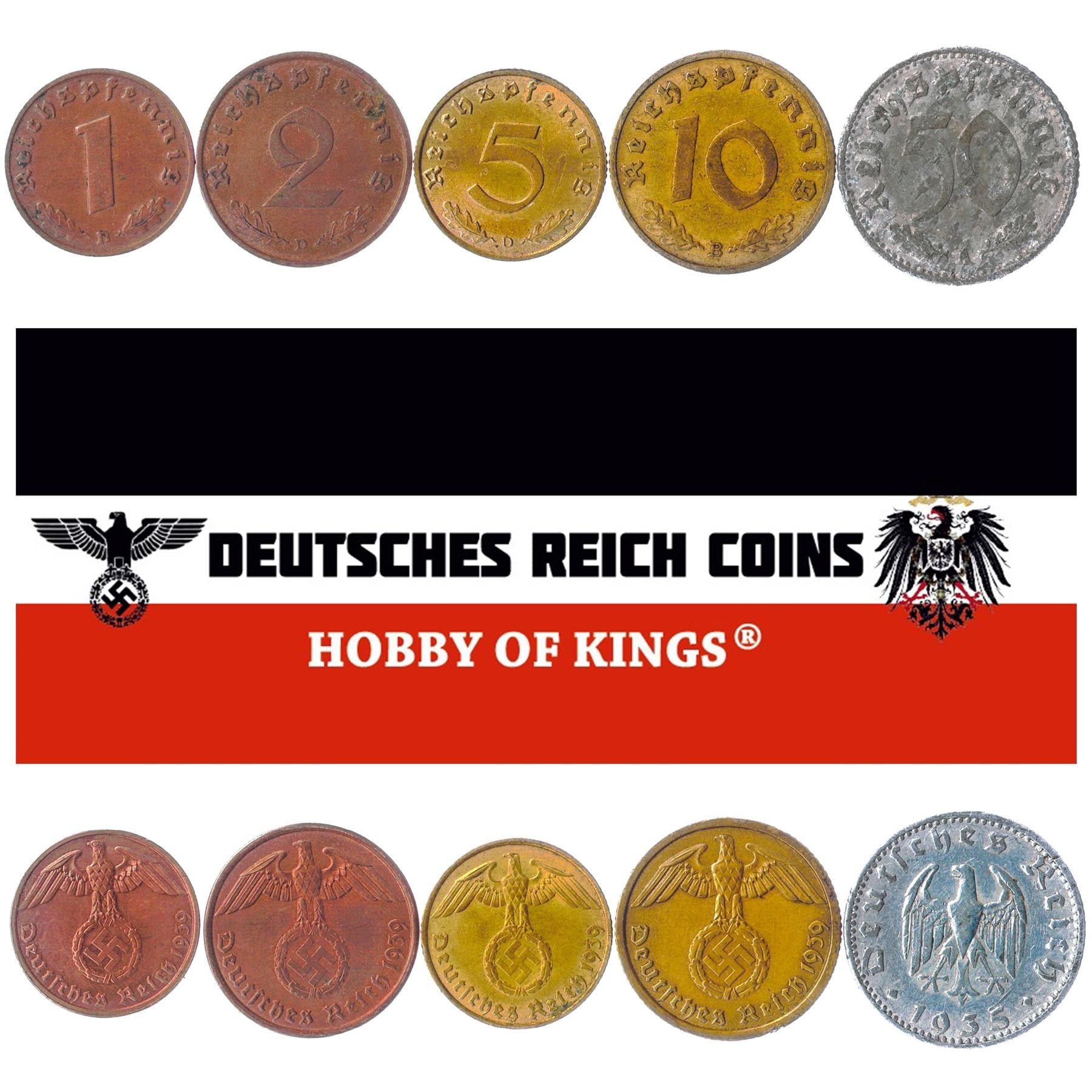 German Reich 5 Coin Set 1 2 5 10 50 Reichspfennig | Nazi Germany | Reichsadler Eagle | 1933 - 1940