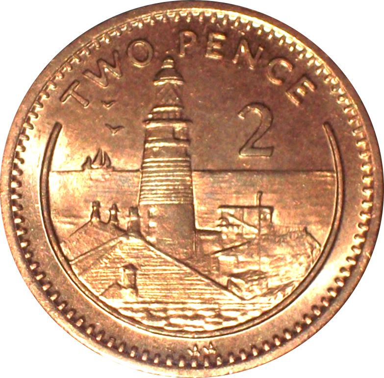 Gibraltar | 2 Pence Coin | Queen Elizabeth II | Europa Point Lighthouse | KM21a | 1995 - 1997