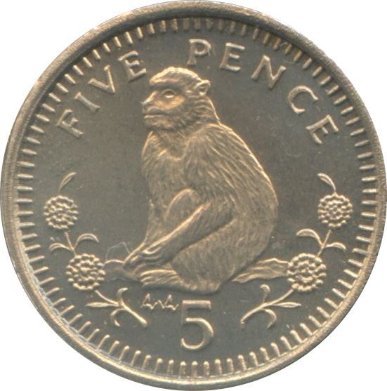 Gibraltar | 5 Pence Coin | Barbary Macaque | Candytuft | KM22.2 | 1990 - 1997