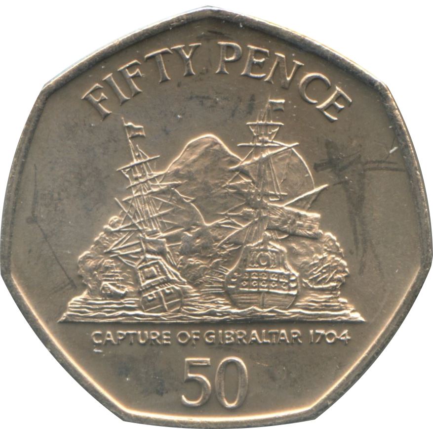 Gibraltar | 50 Pence Coin | Queen Elizabeth II | Capture of Gibraltar | Warship | KM1089 | 2006 - 2011