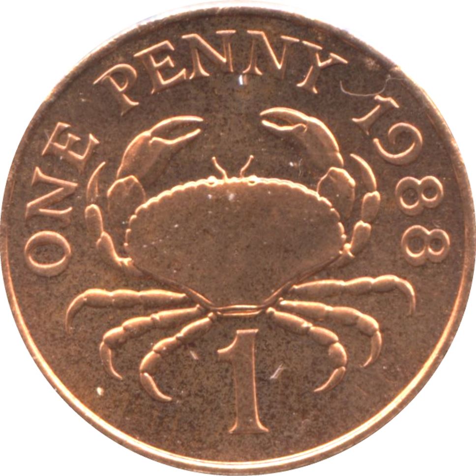 Guernsey Coin | 1 Penny | Queen Elizabeth II | Crab | KM40 | 1985 - 1990