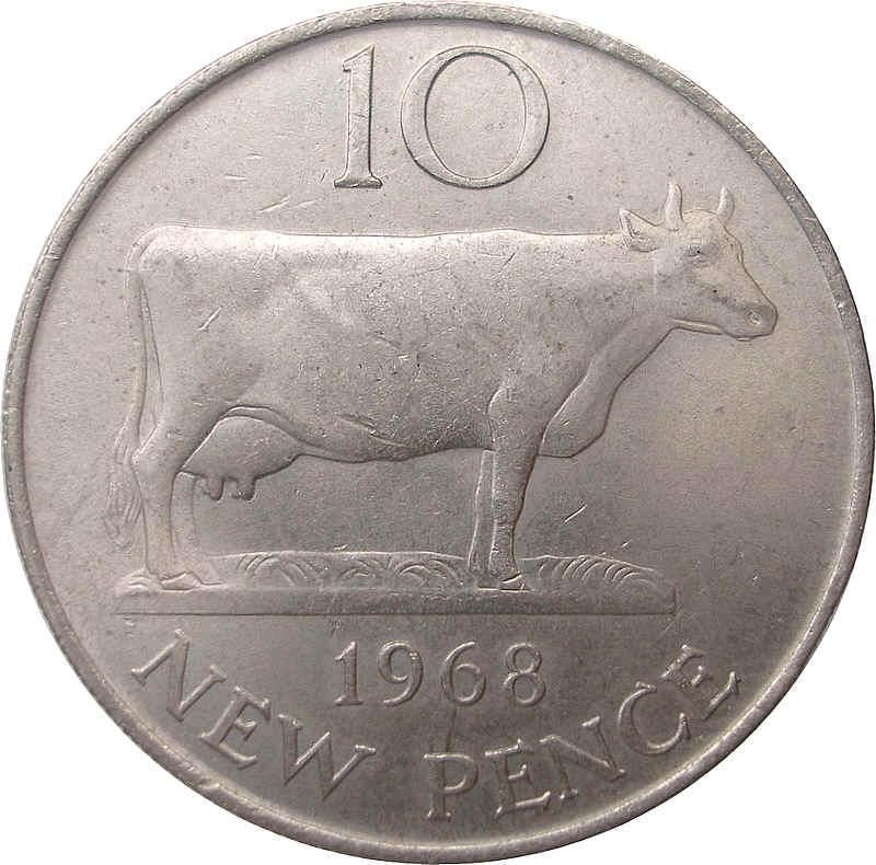 Guernsey Coin | 10 New Pence | Queen Elizabeth II | Guernsey Cattle | KM24 | 1968 - 1971