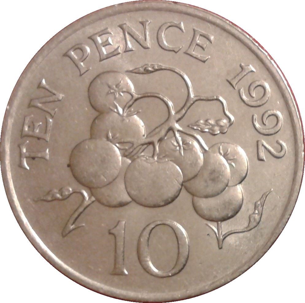 Guernsey Coin | 10 Pence | Queen Elizabeth II | Tomatoe | KM43.2 | 1992 - 1997