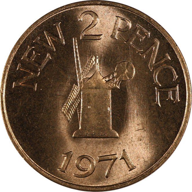 Guernsey Coin | 2 New Pence | Queen Elizabeth II | Sark Windmill | KM22 | 1971