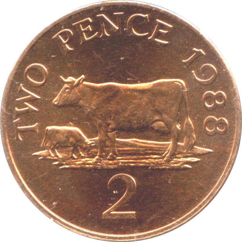 Guernsey Coin | 2 Pence | Queen Elizabeth II | Guernsey Cattle | KM41 | 1985 - 1990